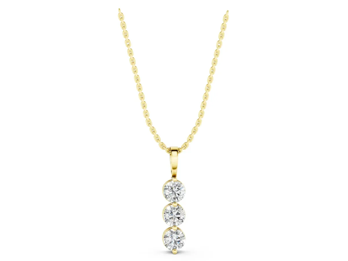 Three-Stone Round Diamond Drop Pendant with Four-Prong Setting Yellow gold