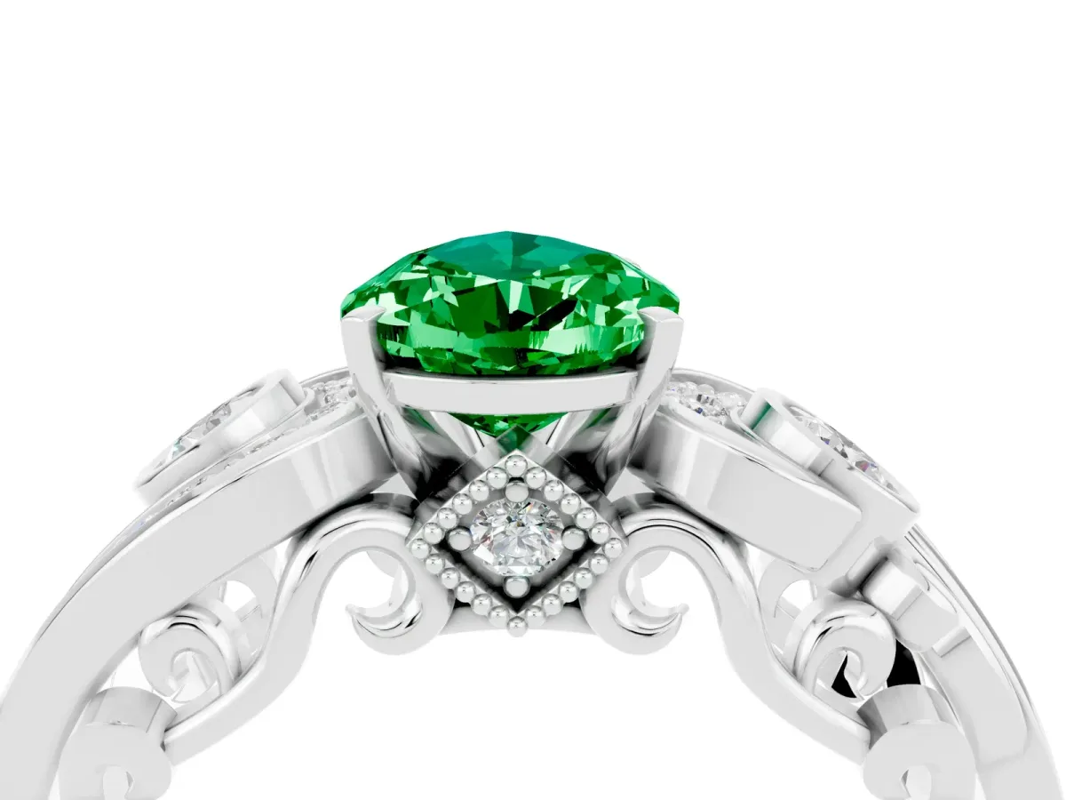 Pear Cut Emerald Solitaire Ring with Milgrain Pavé Band and Four-Prong Setting Silver