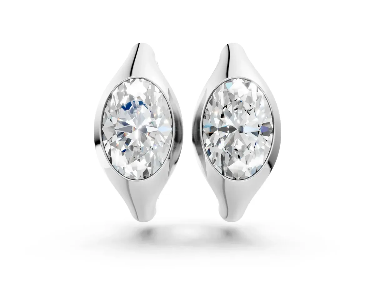 Oval Diamond Framed Huggie Hoop Earrings Silver
