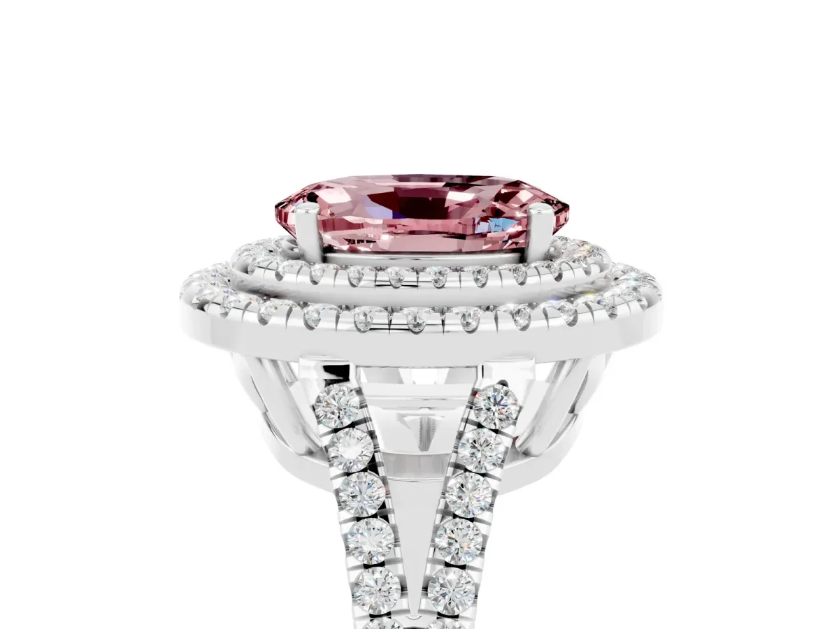 Oval Cut Morganite Double Halo Ring with Pavé Band and Prong Setting Silver
