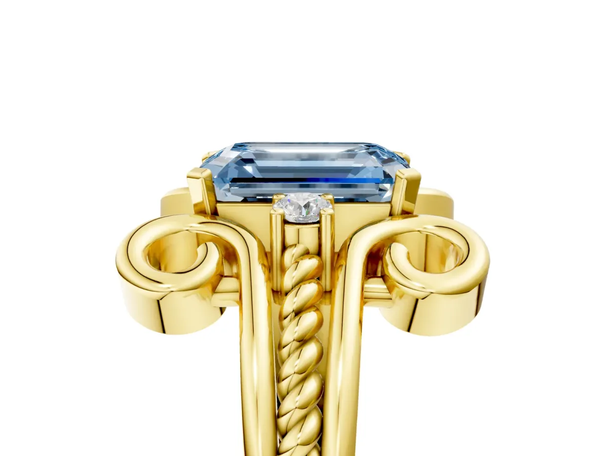 Fancy Blue Emerald Cut Solitaire Twisted Band Scroll Prong Ring Yellow gold