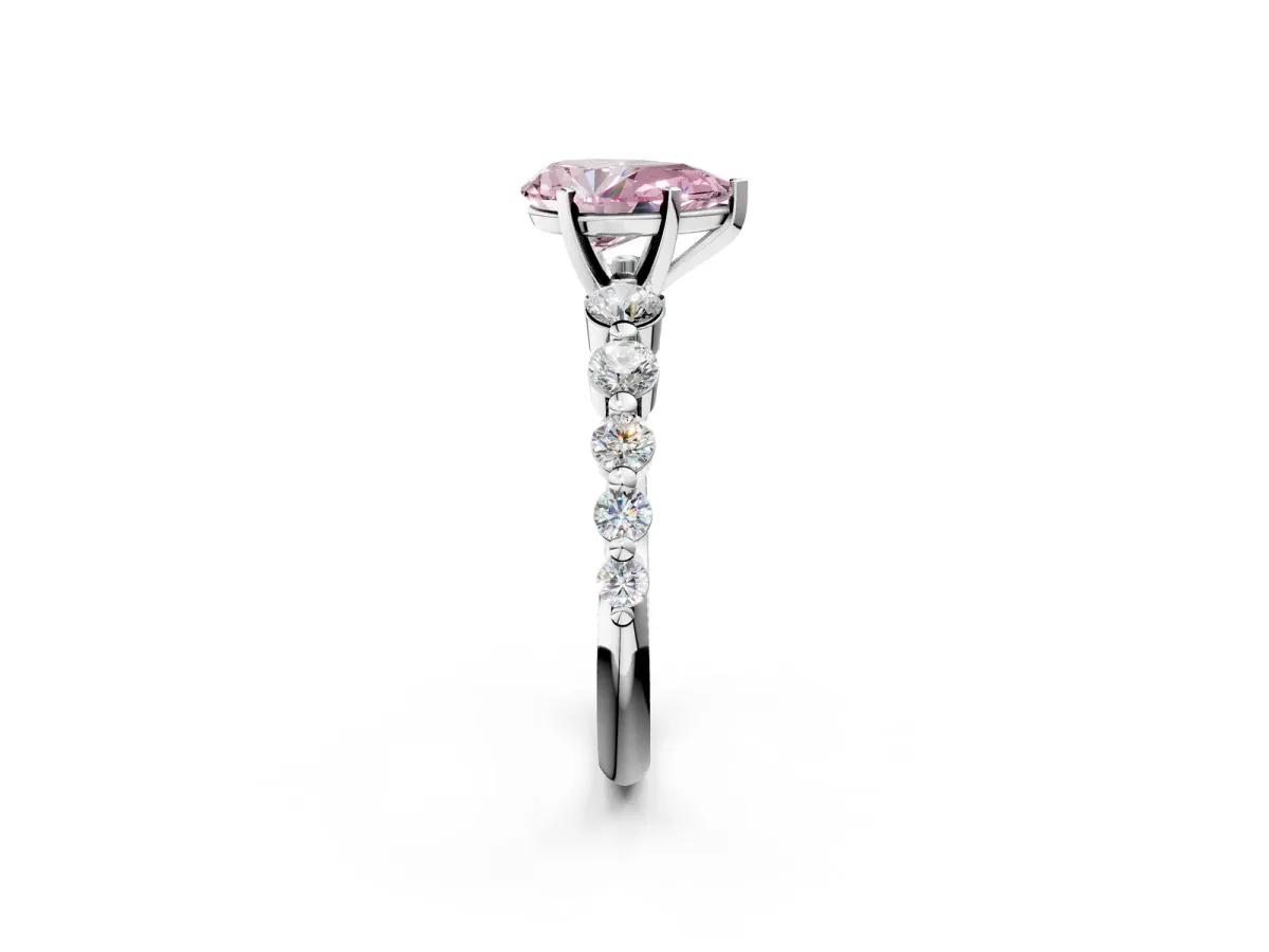 Fancy Pink Pear Cut Solitaire Diamond Ring with Pave Band and Four-Prong Setting Silver