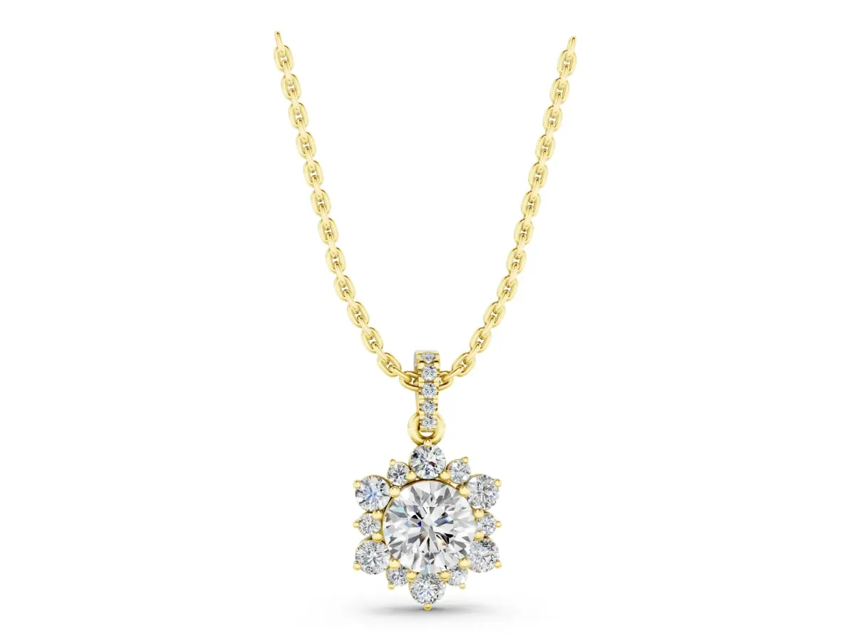 Round Brilliant Cluster Diamond Pendant with Prong Setting Yellow gold