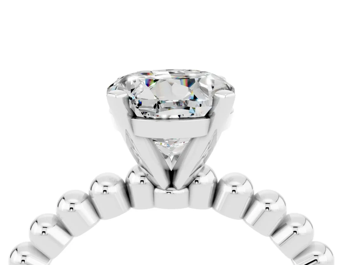 Round Cut Moissanite Solitaire Ring with Beaded Band and Prong Setting Platinum