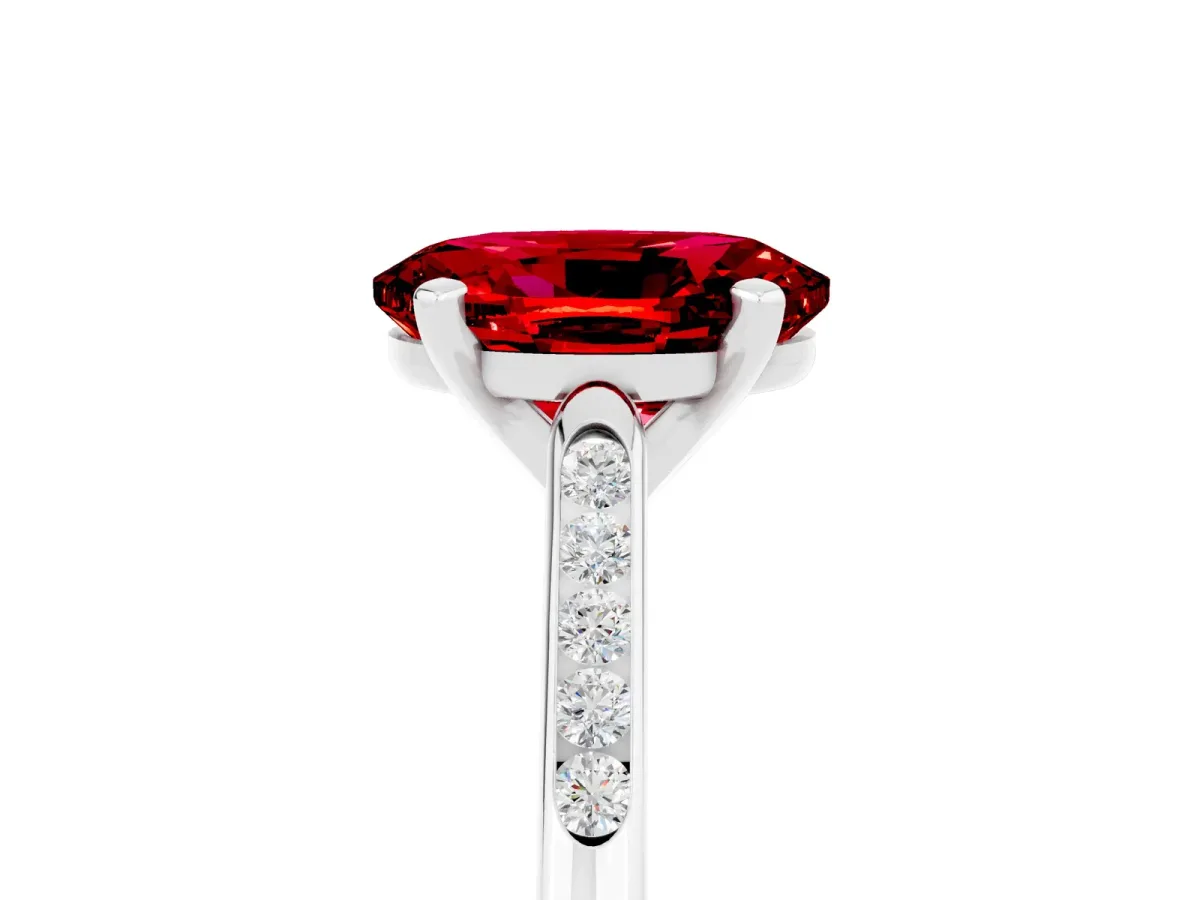 Oval Cut Ruby Solitaire Ring with Channel Set Round Band and Prong Setting White gold