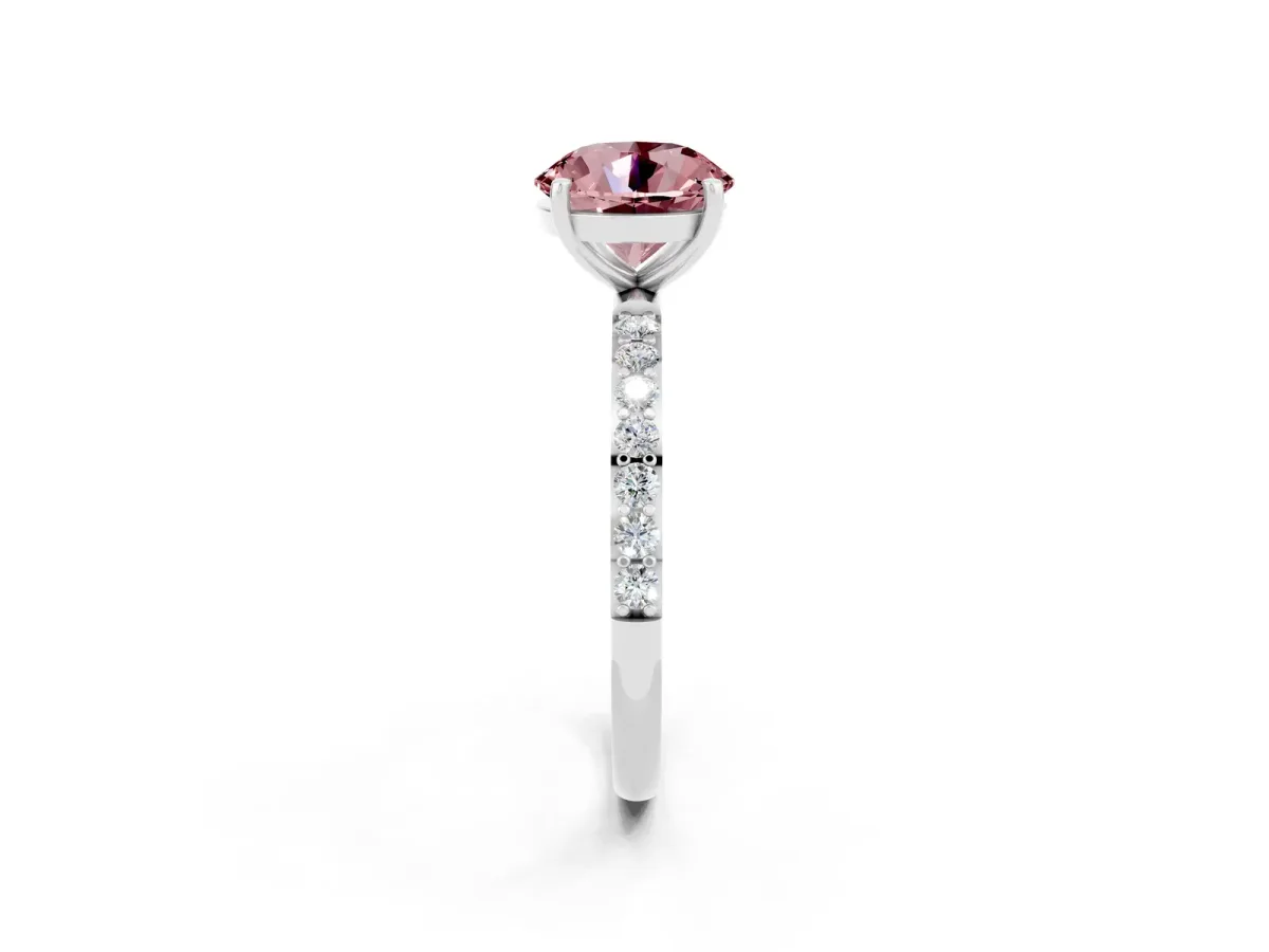 Round Cut Morganite Solitaire Ring with Round Pavé Band and Prong Setting Silver