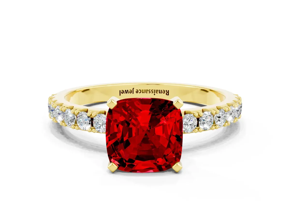 Cushion Cut Ruby Solitaire Pavé Band with Four-Prong Setting Yellow gold
