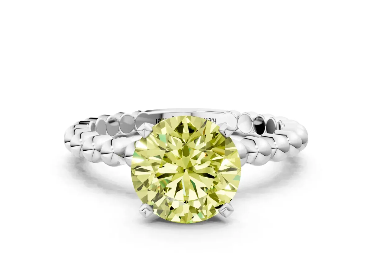 Fancy Yellow Round Cut Diamond Solitaire Ring with Beaded Band and Prong Setting Silver