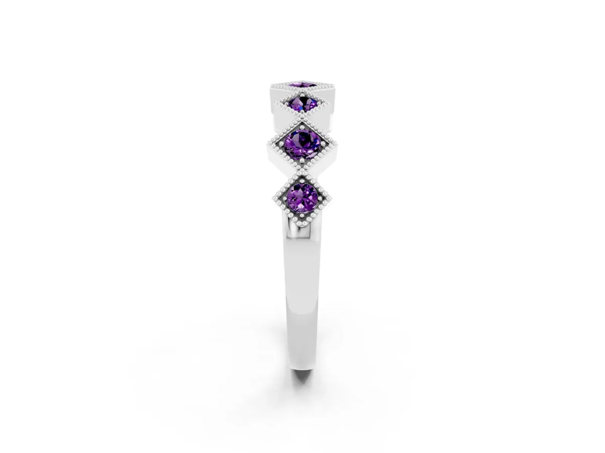Milgrain Square Bezel Round Amethyst Chevron Band Platinum