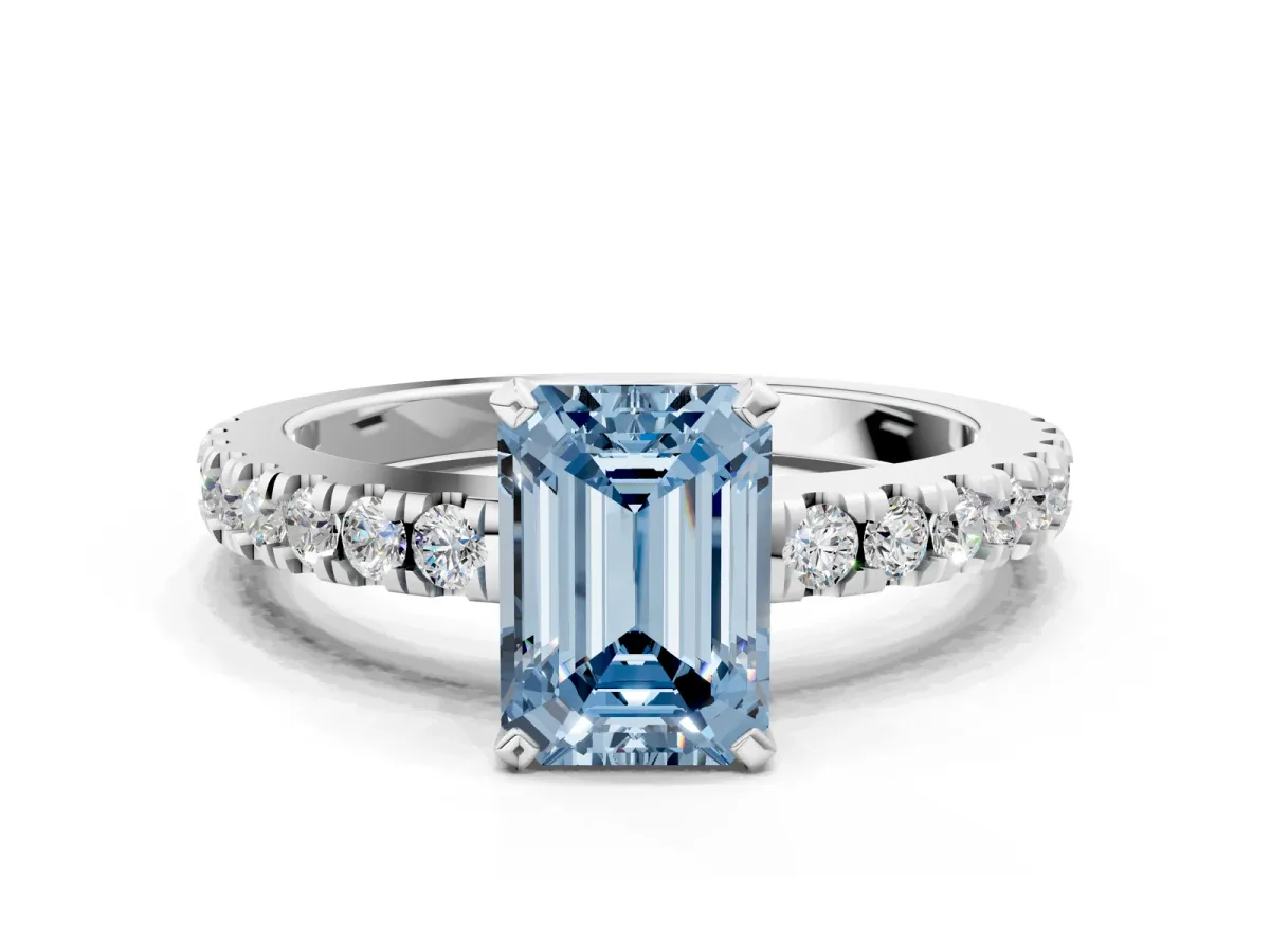 Fancy Blue Emerald Cut Solitaire Diamond with Pavé Band and Four-Prong Setting Silver