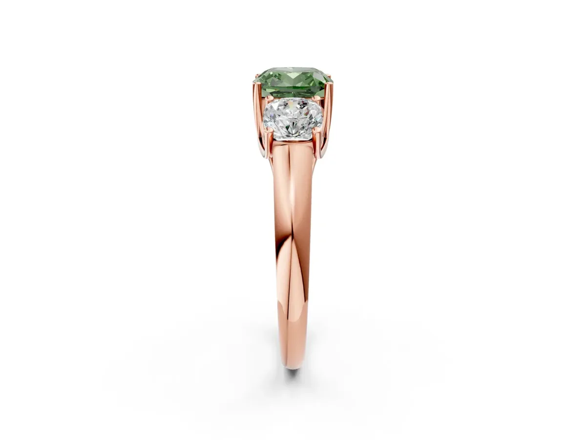 Fancy Green Three-Stone Cushion Cut Diamond Engagement Ring with Prong Setting Rose gold