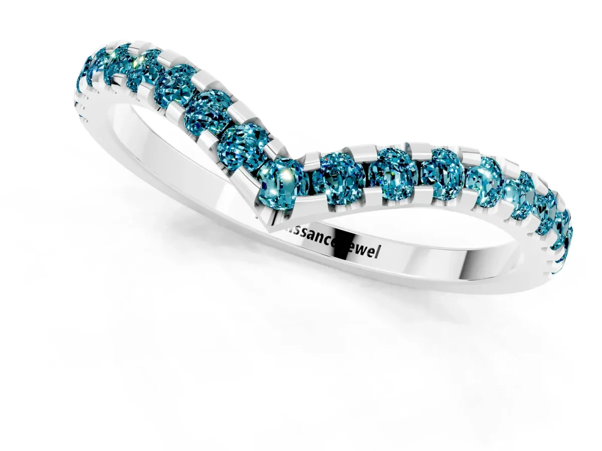 Pavé Round Blue Topaz Chevron Band with Shared Prong Setting Platinum