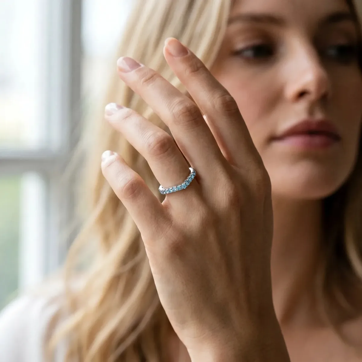 Round Blue Topaz Pavé Curved Wedding Band Platinum