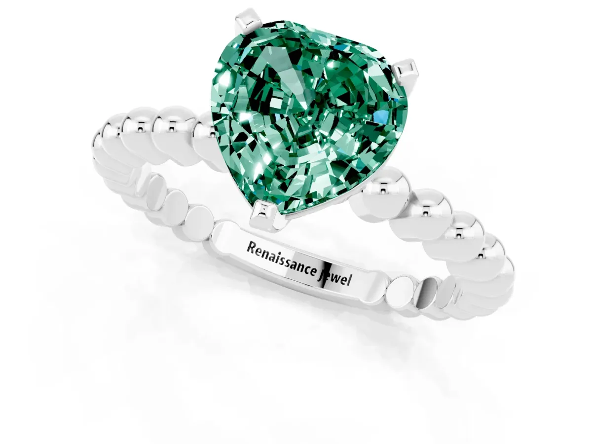 Heart Cut Green Sapphire Solitaire Ring with Beaded Band and Prong Setting Silver