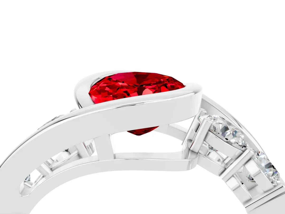 Bezel Set Oval Cut Ruby Bypass Ring with Round Accents Silver