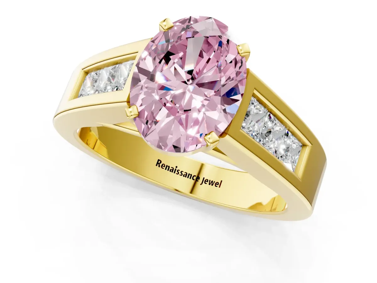 Fancy Pink Oval Cut Cut Channel Set Solitaire Ring with Four-Prong Setting Yellow gold