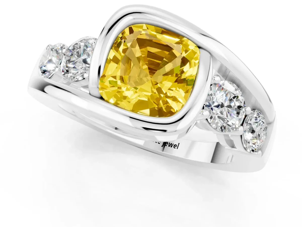 Bezel Set Cushion Cut Yellow Sapphire Bypass Ring with Round Accents Silver