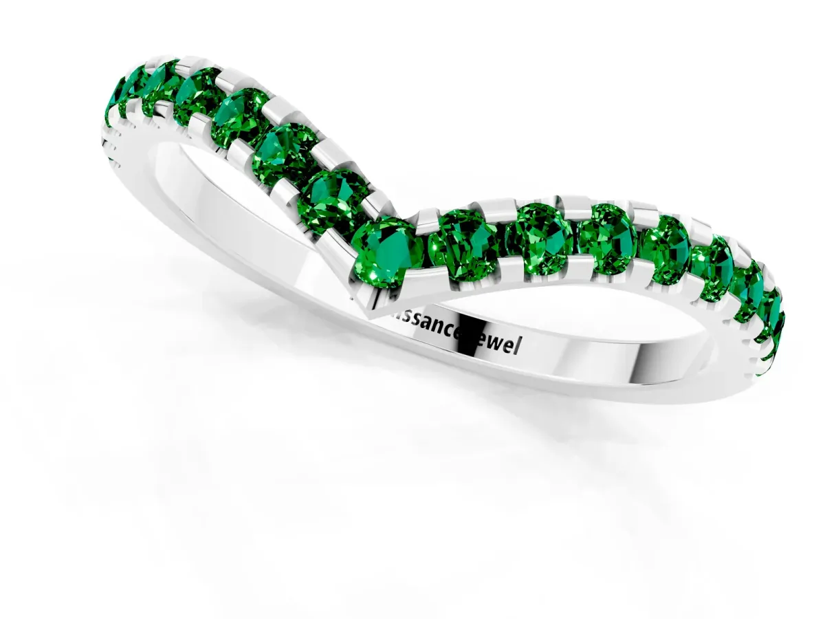 Pavé Round Emerald Chevron Band with Shared Prong Setting Silver