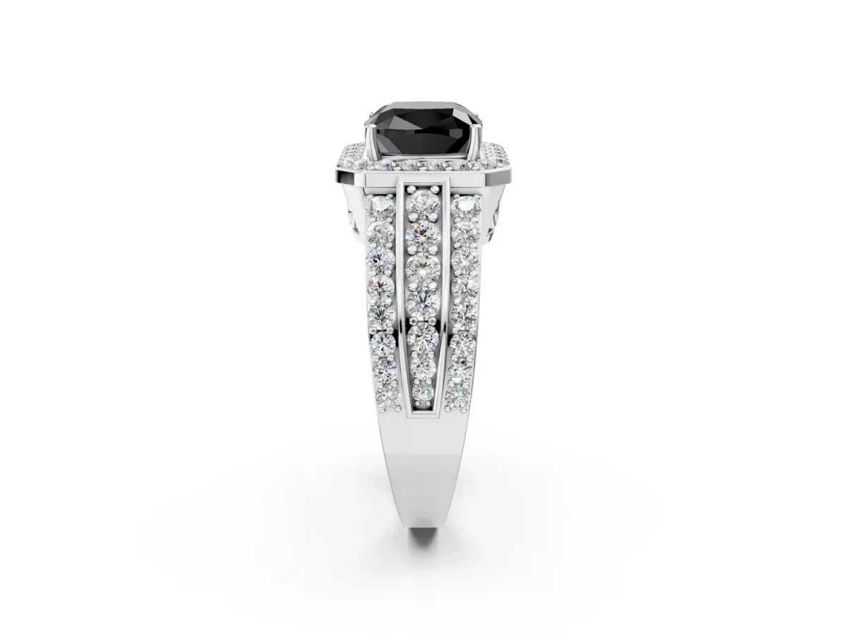 Fancy Black Cushion Cut Halo Diamond Ring with Round Split Shank and Prong Setting White gold