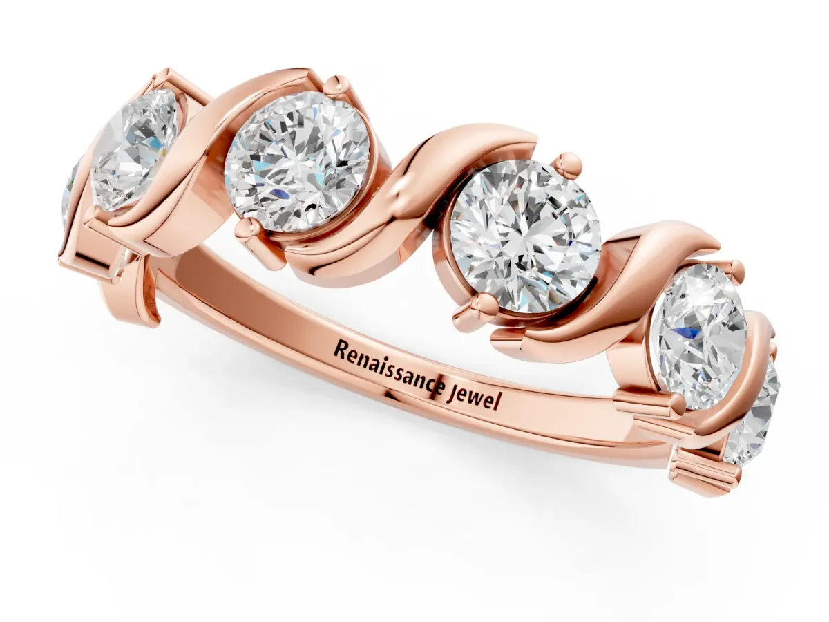 Six-Stone Round Diamond Wave Band with Shared Prong Setting Rose gold