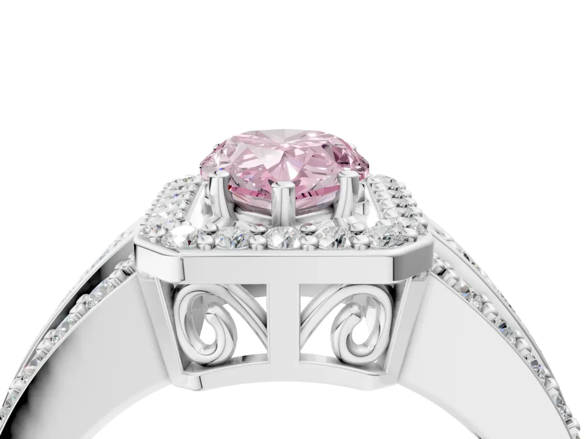 Fancy Pink Pear Cut Halo Diamond Ring with Round Split Shank and Prong Setting Silver