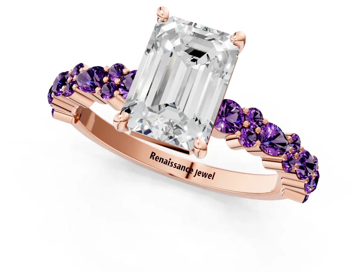 Emerald Cut Diamond Side Stone Solitaire Ring with Round Amethyst and Four-Prong Setting Rose gold