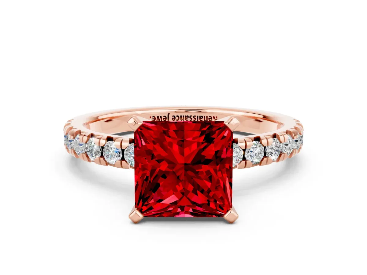 Princess Cut Ruby Solitaire Pavé Engagement Ring with Round Band and Prong Setting Rose gold