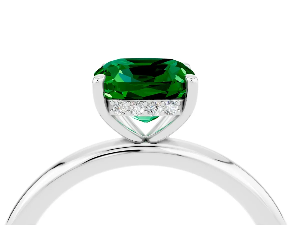 Cushion Cut Emerald Solitaire Ring with Thin Band and Four-Prong Setting Platinum