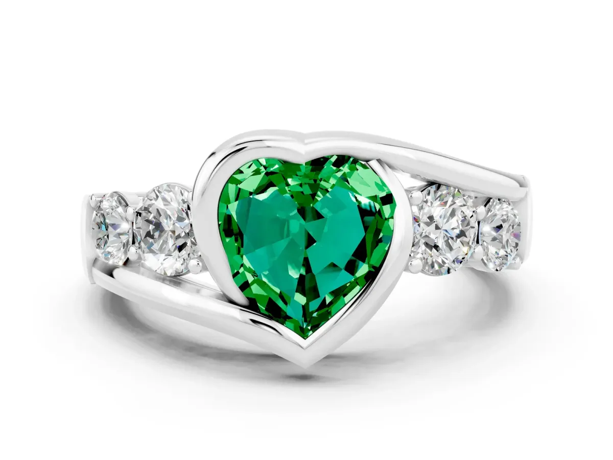 Bezel Set Heart Cut Emerald Bypass Ring with Round Accents Silver