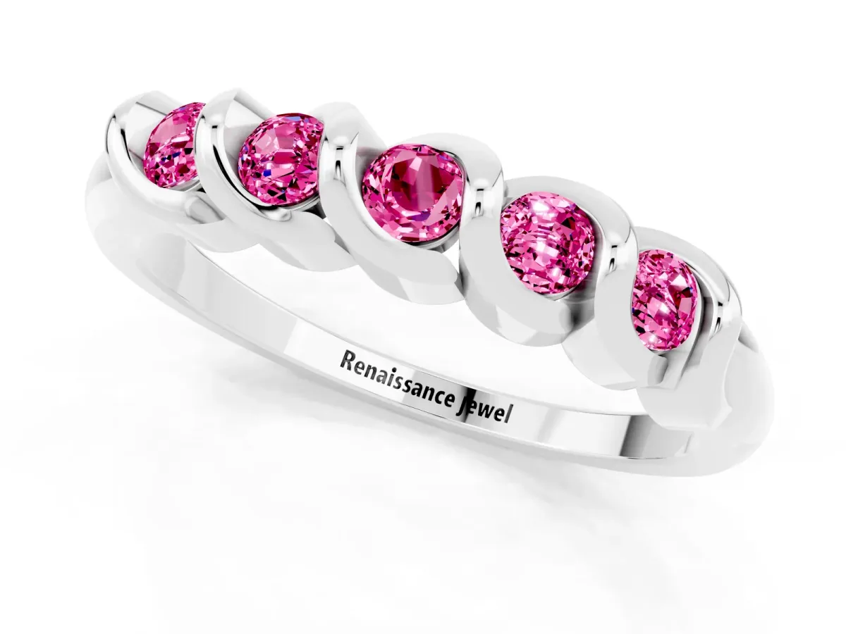 Round Pink Sapphire Eternity Band with Twist Prong Setting Silver