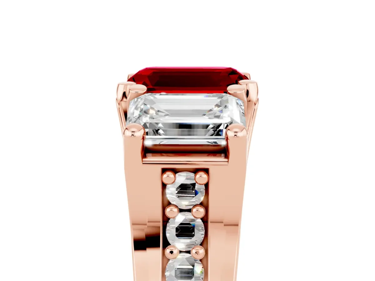 Emerald Cut Ruby Three-Stone Ring with Channel Set Band and Four-Prong Setting Rose gold