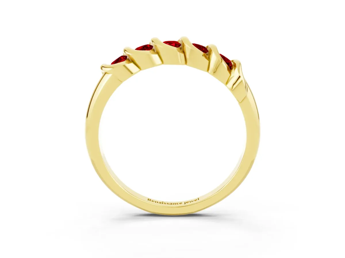Round Ruby Eternity Band with Twist Prong Setting Yellow gold