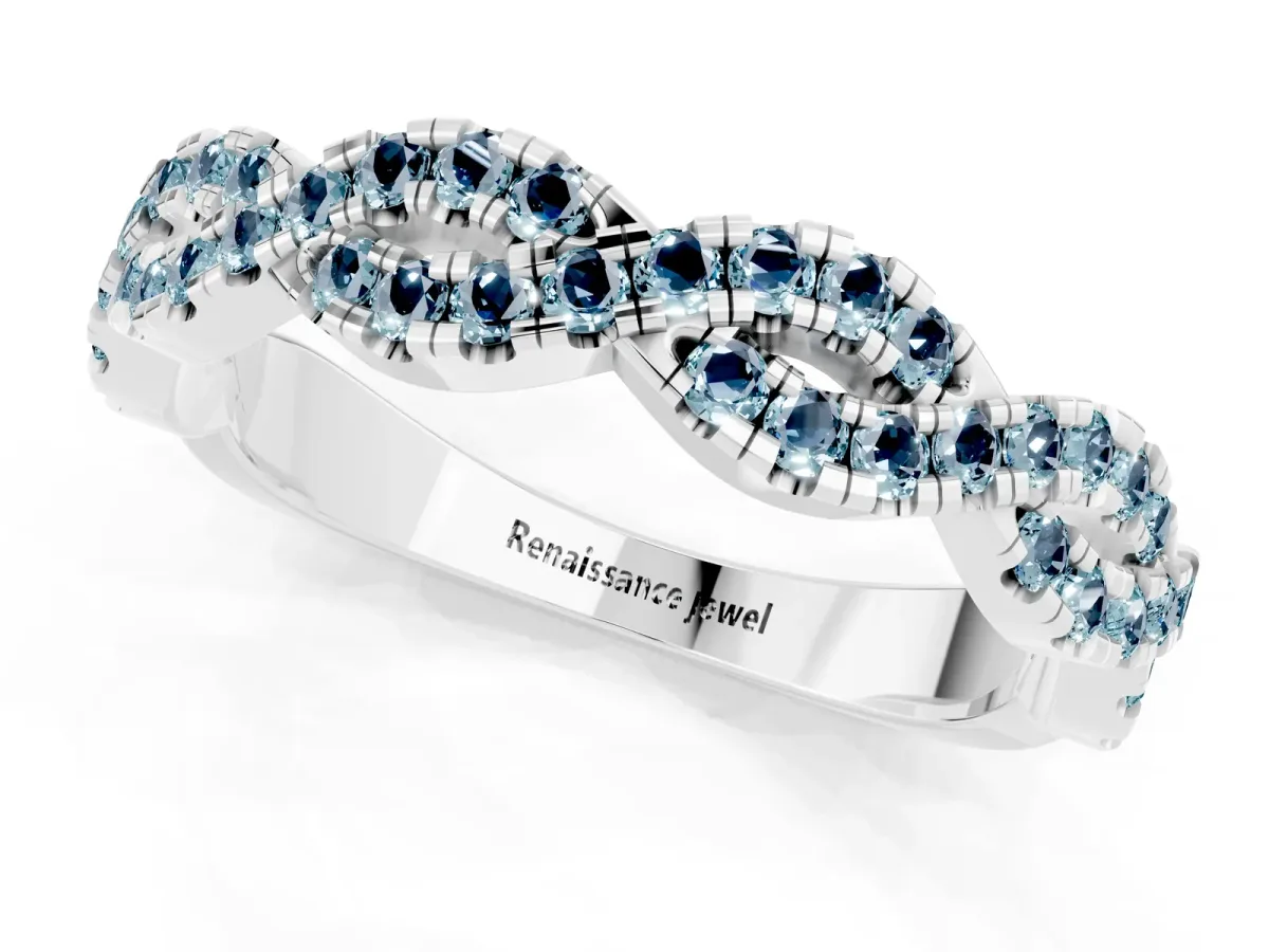 Round Aquamarine Twisted Eternity Band with Pavé and Shared Prong Setting Platinum