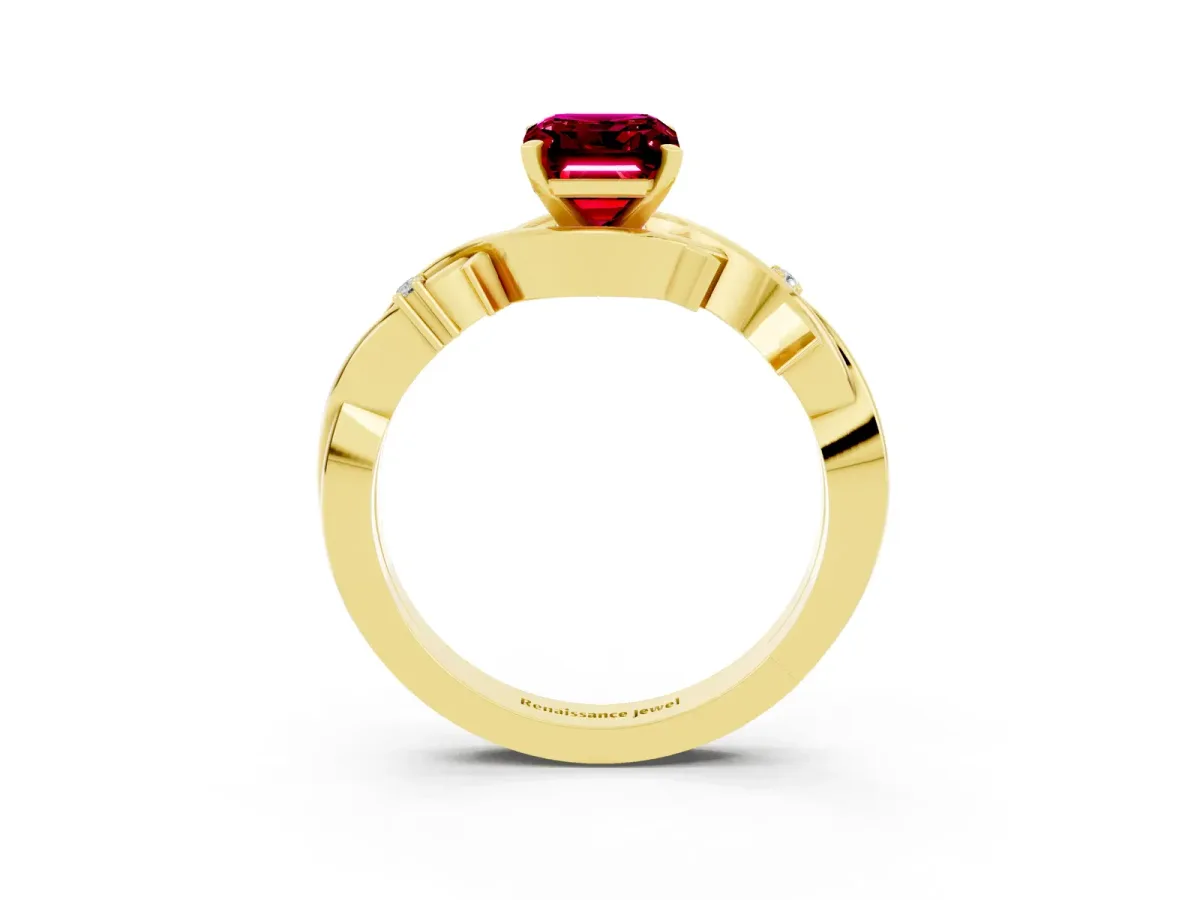 Emerald Cut Garnet Solitaire Ring with Twisted Band and Prong Setting Yellow gold