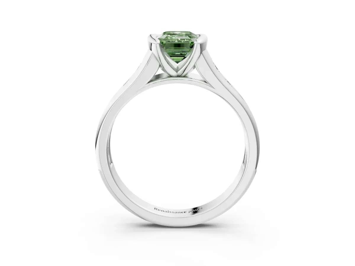 Fancy Green Emerald Cut Solitaire Bezel-Set Diamond Ring with Channel-Set Band Platinum