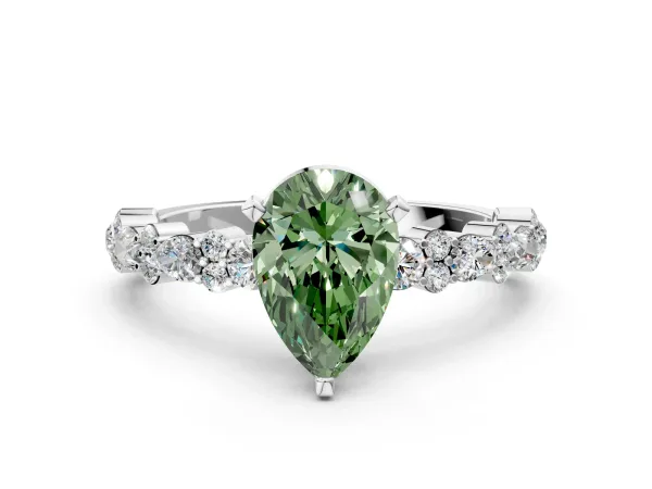 Fancy Green Pear Cut Diamond Side Stone Solitaire Ring with Round and Four-Prong Setting White gold