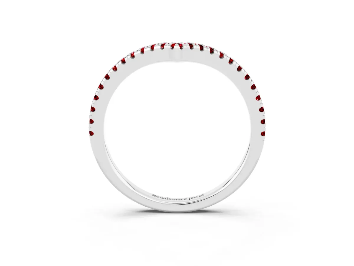 Pavé Round Ruby V-Shaped Chevron Band with Shared Prong Setting Silver