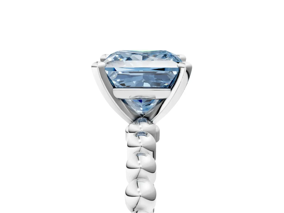 Fancy Blue Princess Cut Diamond Solitaire Ring with Beaded Band and Prong Setting Silver