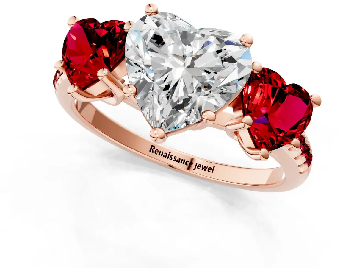 Three-Stone Heart Cut Diamond Ring with Round Ruby Pavé Band and Prong Setting Rose gold