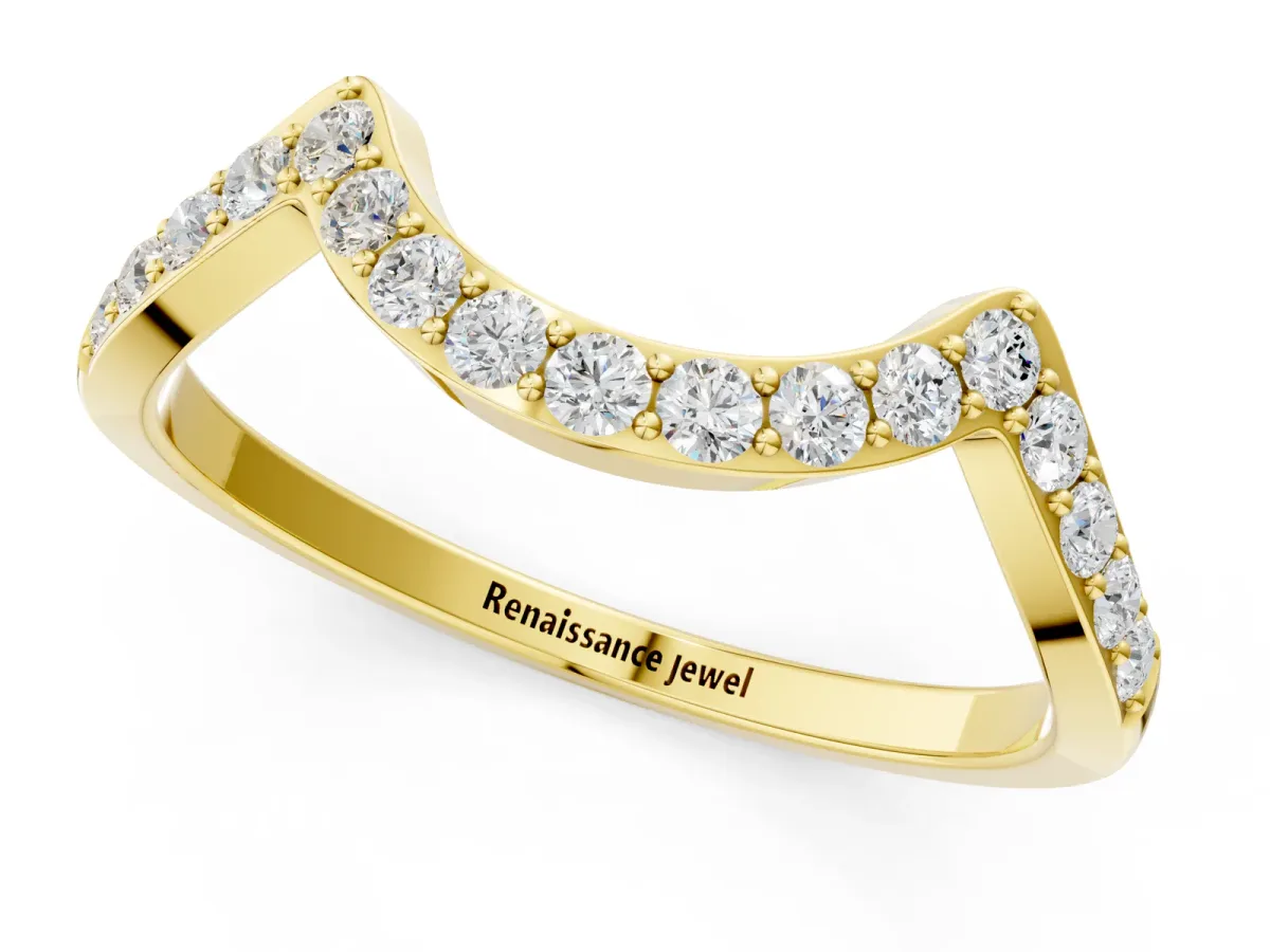 Curved Pave Round Diamond Contour Band with Shared Prong Setting Yellow gold