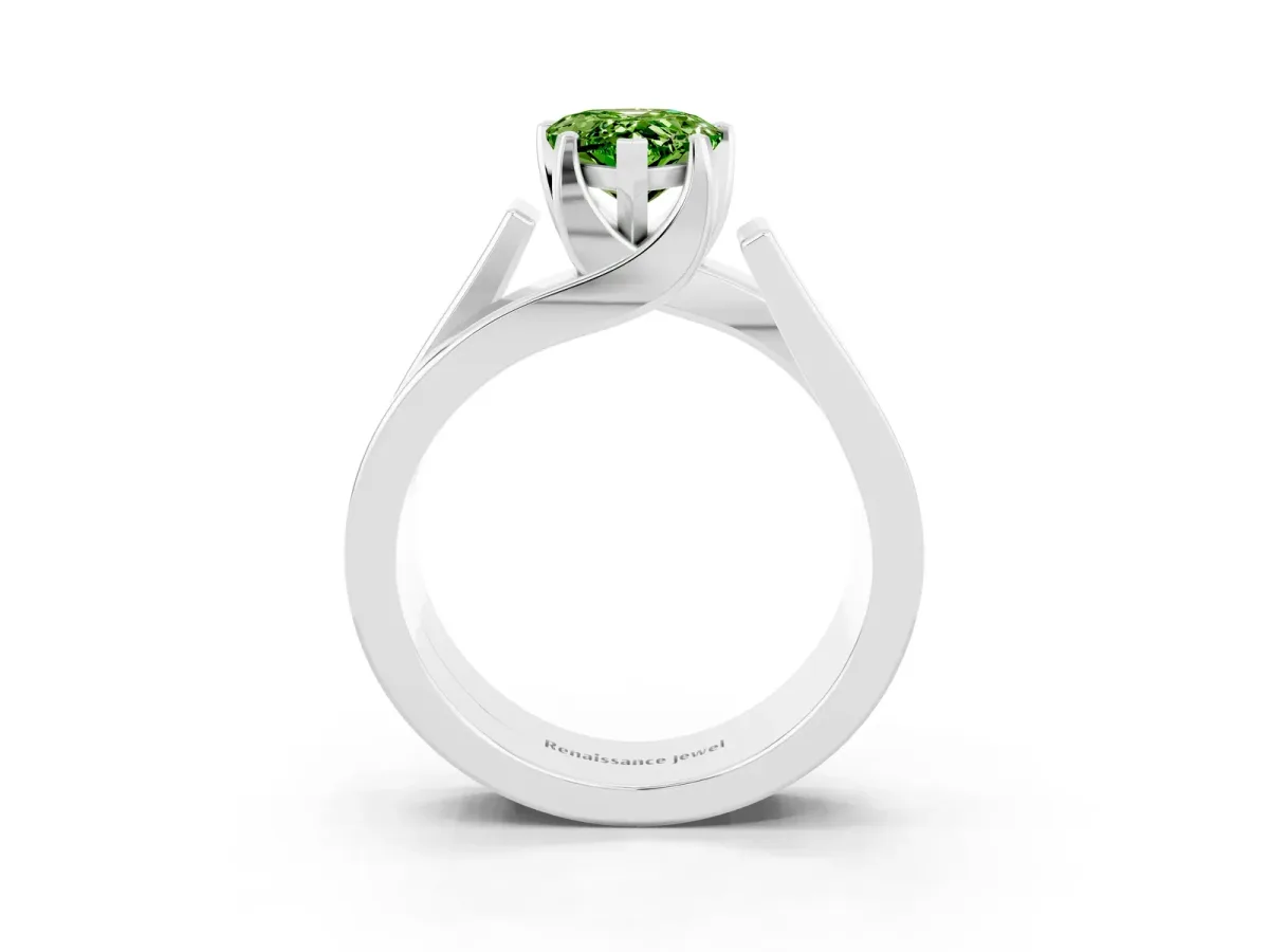 Modern Tension Set Pear Cut Peridot Solitaire Wide Band Ring Silver
