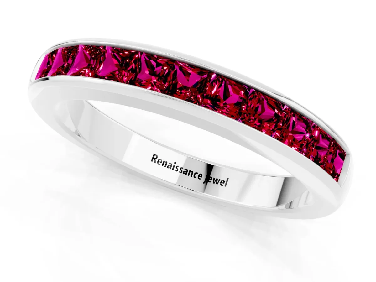 Channel Set Princess Cut Garnet Eternity Band Platinum