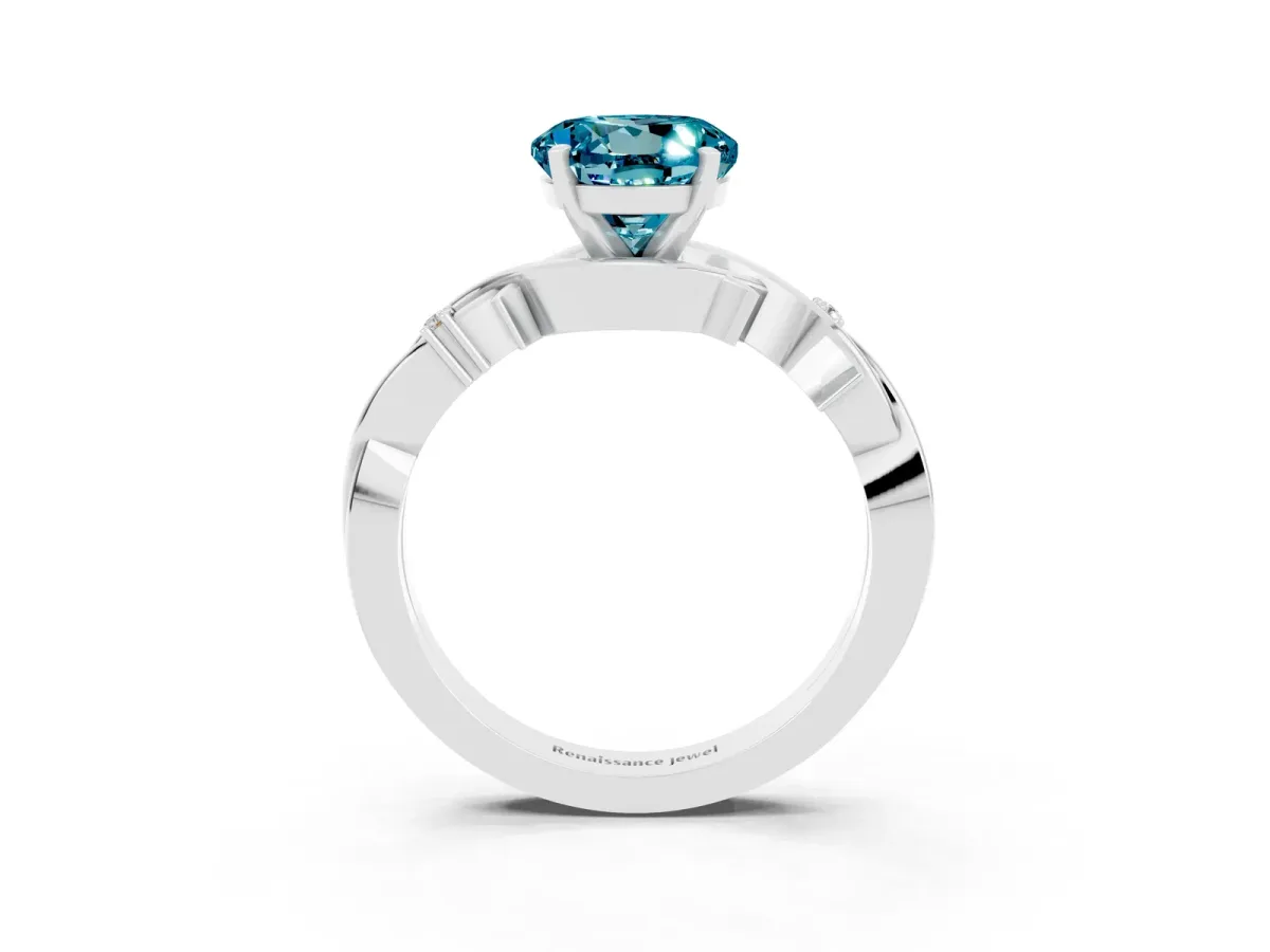 Round Cut Blue Topaz Solitaire Ring with Twisted Band and Prong Setting Platinum