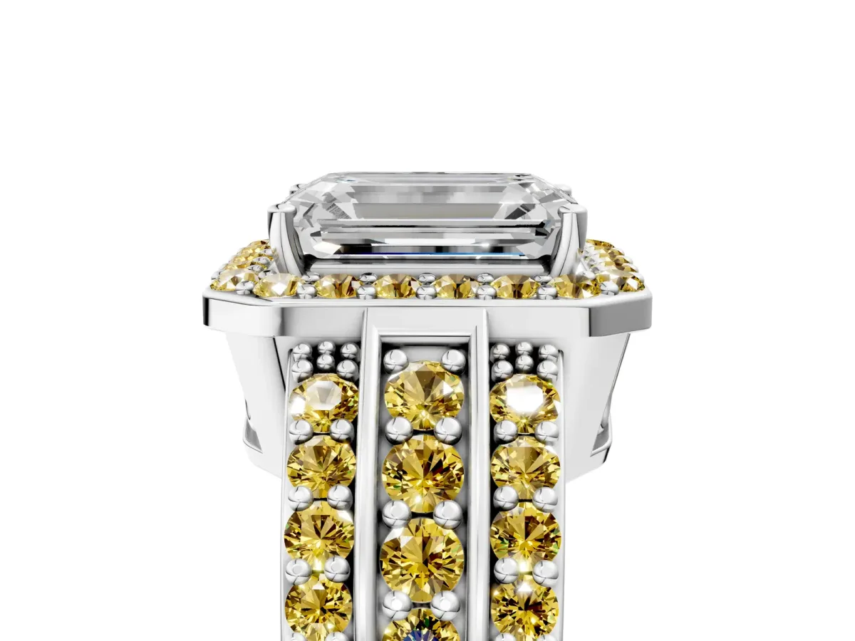 Emerald Cut Halo Diamond Ring with Round Yellow Sapphire Split Shank and Prong Setting Silver