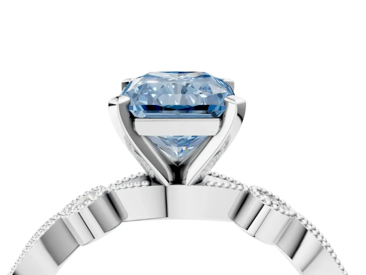 Fancy Blue Radiant Cut Milgrain Bezel Diamond Engagement Ring with Solitaire Prong Setting Platinum