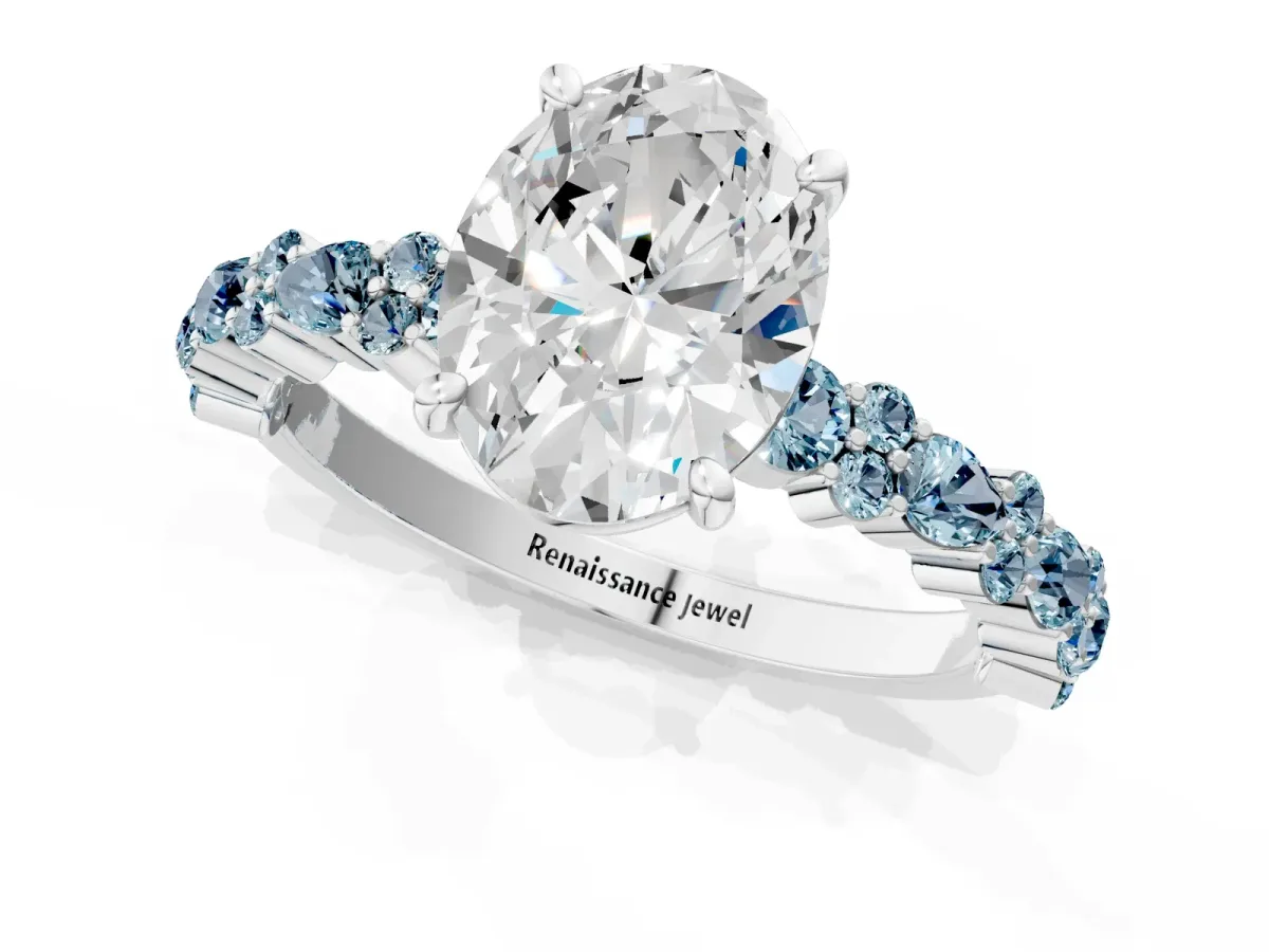Oval Cut Diamond Side Stone Solitaire Ring with Round Aquamarine and Four-Prong Setting Silver