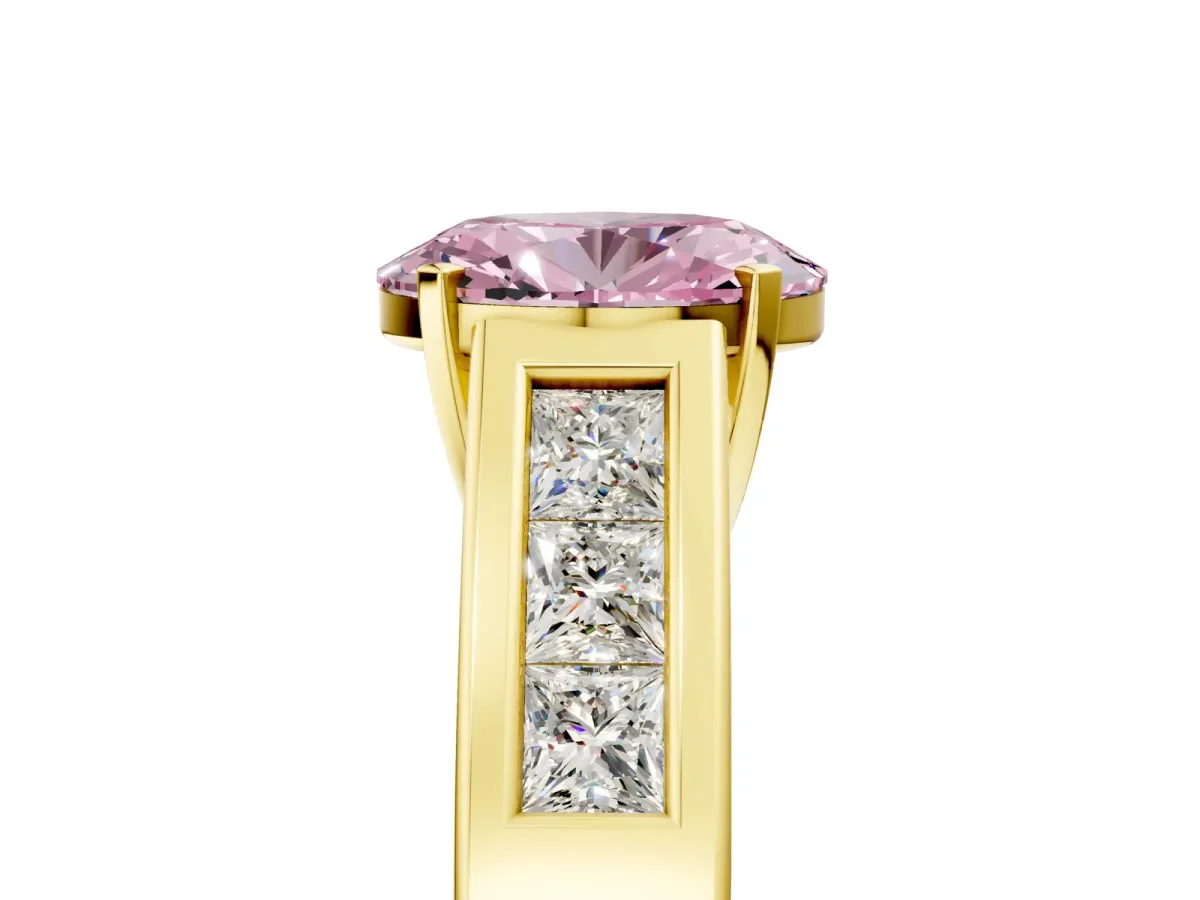 Fancy Pink Oval Cut Cut Channel Set Solitaire Ring with Four-Prong Setting Yellow gold