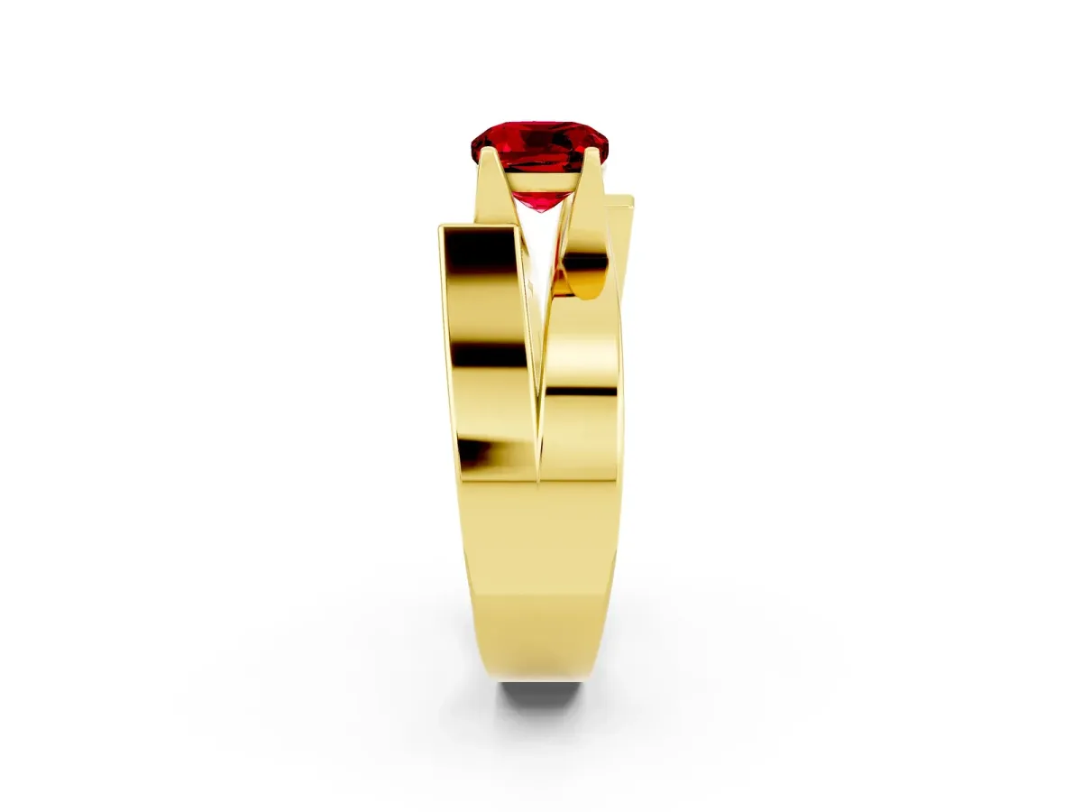 Modern Tension Set Cushion Cut Ruby Solitaire Wide Band Ring Yellow gold