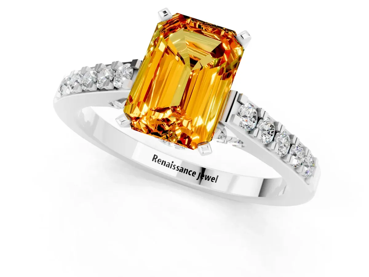 Emerald Cut Citrine Solitaire Ring with Crossover Gallery and Round Pavé Band Silver