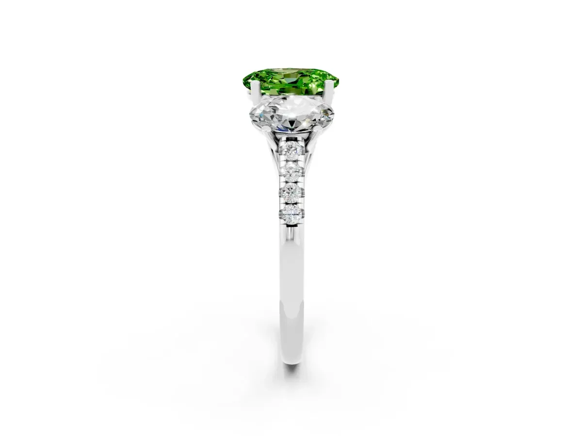 Three-Stone Oval Cut Peridot Ring with Round Pavé Band and Prong Setting Silver